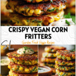 Golden vegan zucchini corn fritters stacked on a plate with herbs and dipping sauce, showing Healthy Zucchini Corn Fritters.